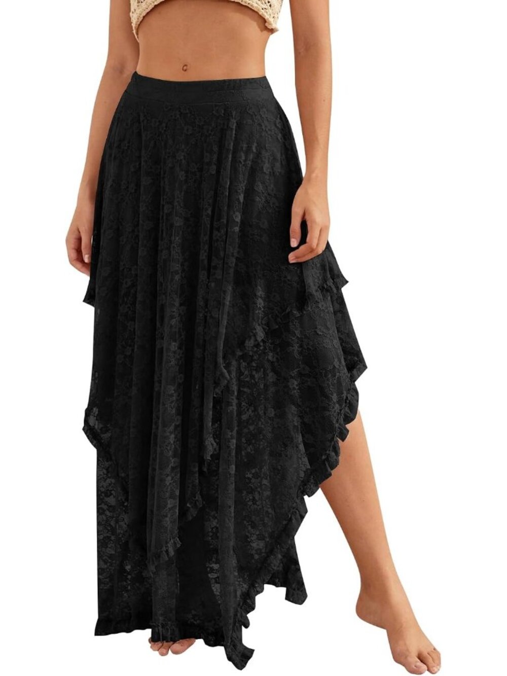 Women's Black Floral Lace  Asymmetrical Layered Flowy Boho Beach Maxi Skirt